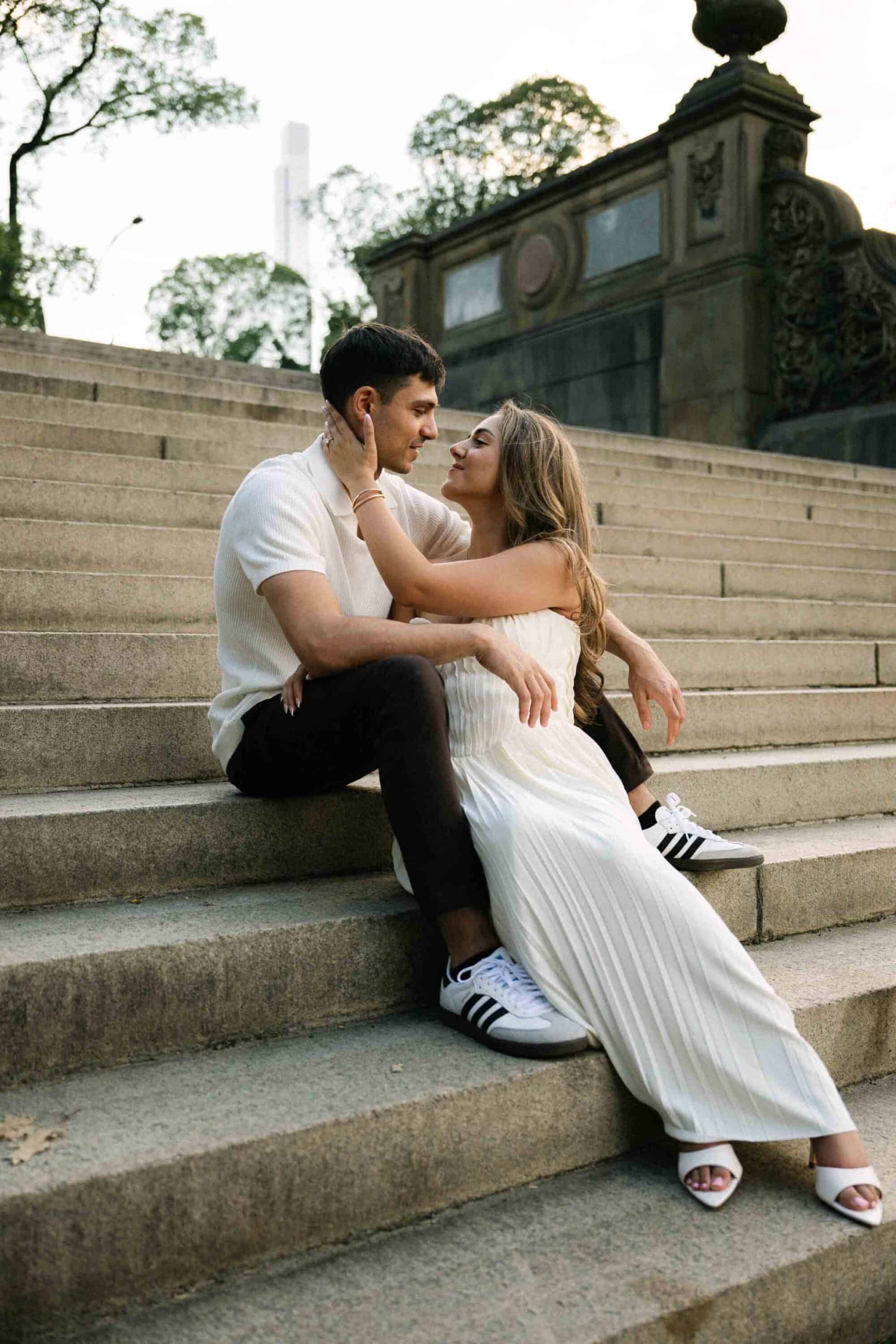 Celena and Cameron sharing a quiet moment during their Central Park engagement session