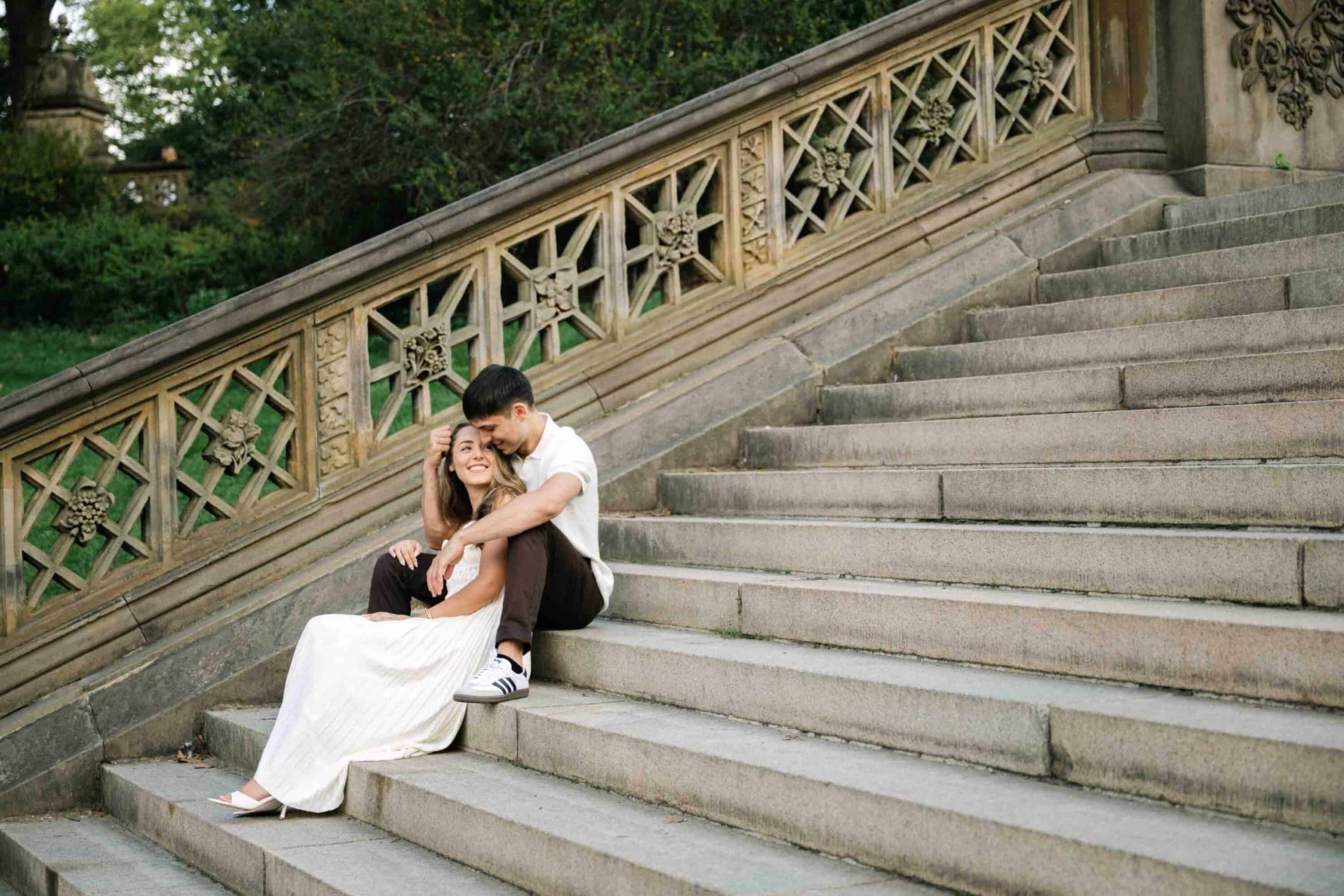 Documentary Central Park engagement session, Celena and Cameron laughing together