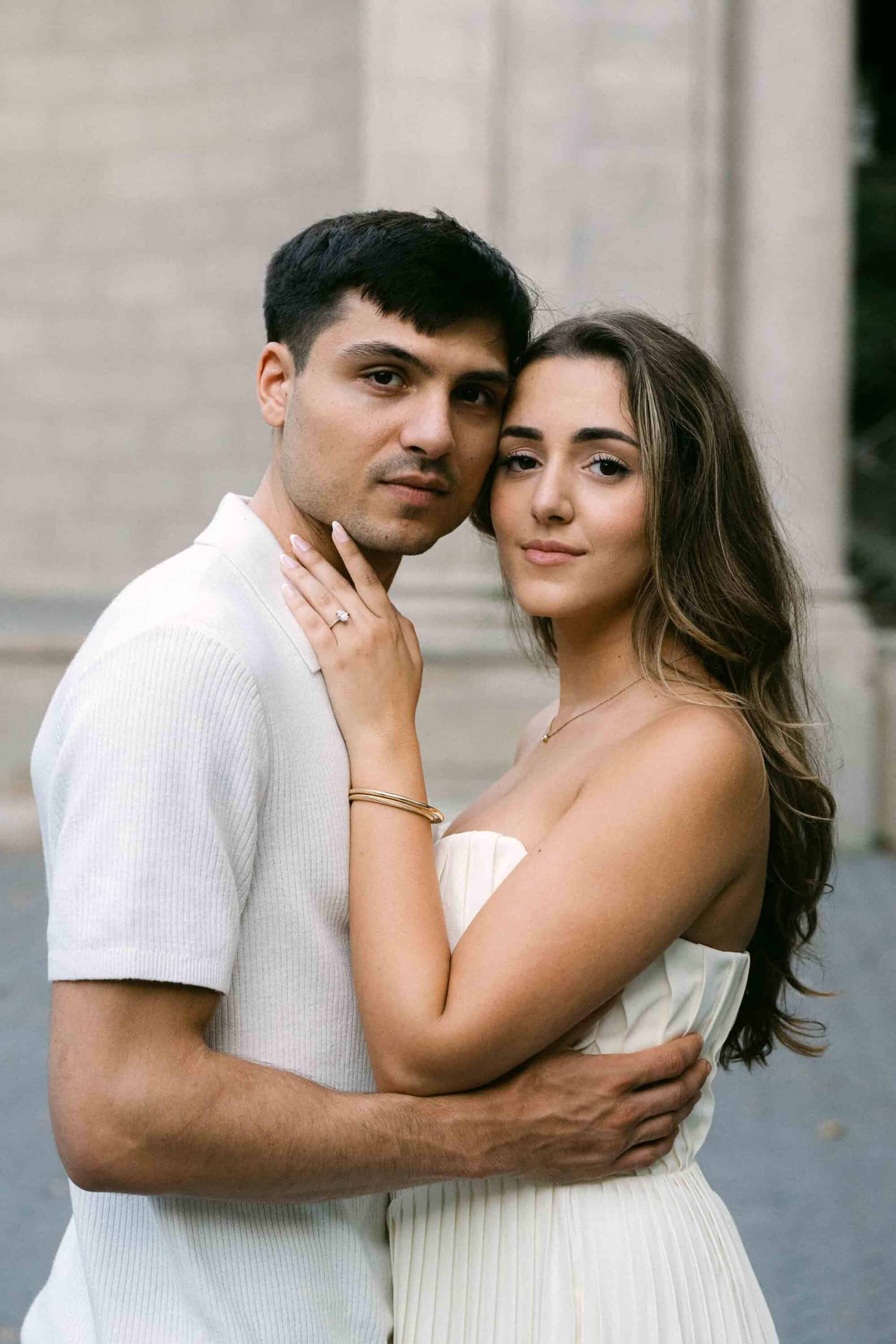 Celena and Cameron sharing a quiet moment during their Central Park engagement session
