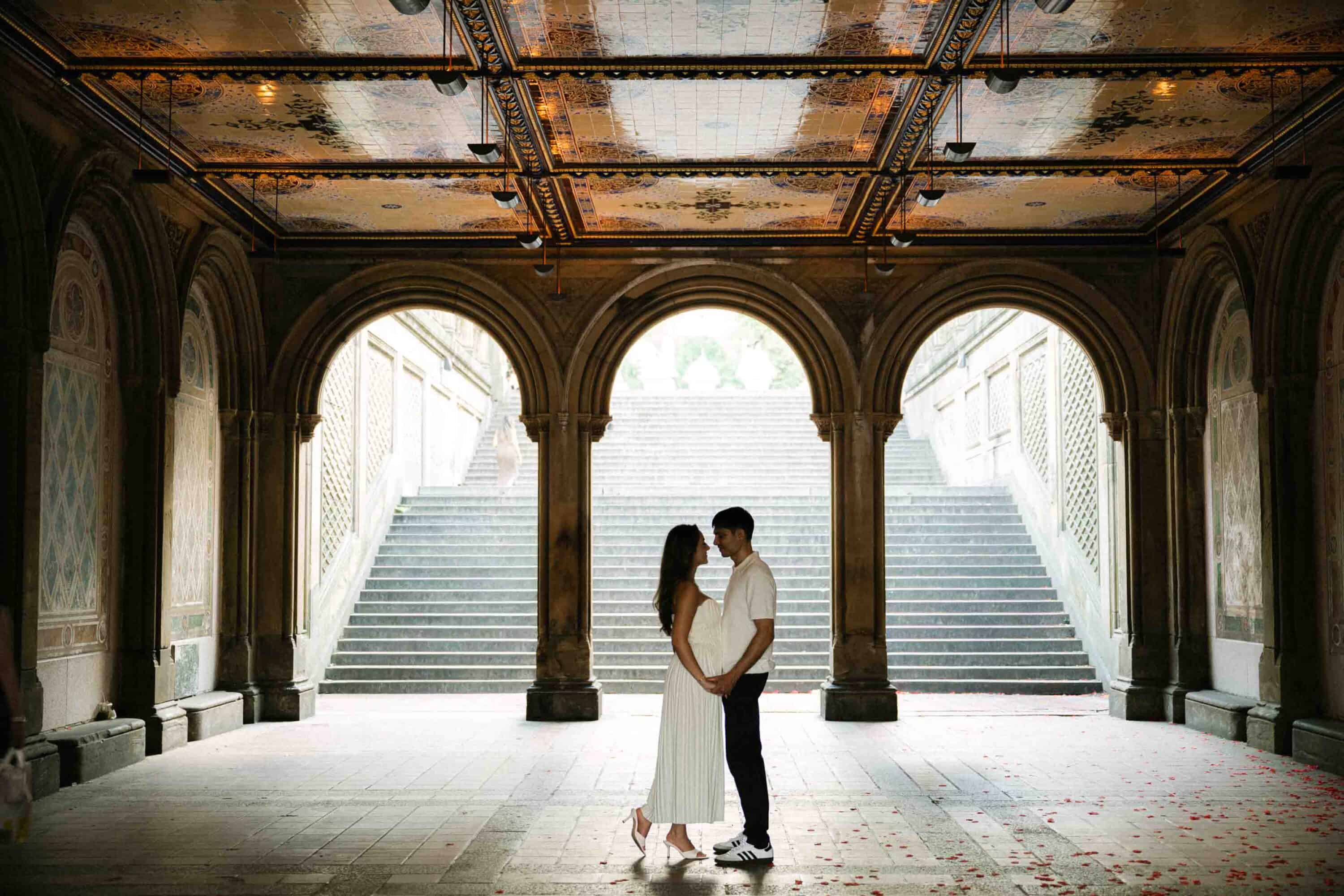 Celena and Cameron sharing a quiet moment during their Central Park engagement session